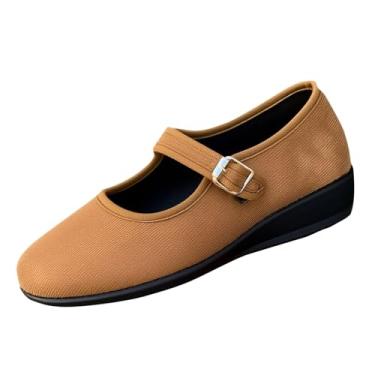 Imagem de Sapatos femininos de salto baixo com fivela oca de pano, salto cunha, sapatilha, sapatos casuais, confortáveis, sem cadarço para mulheres, Marrom, 34