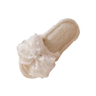 Imagem de Chinelos femininos modernos casuais para uso interno e externo e laço quente de veludo, Branco, 36