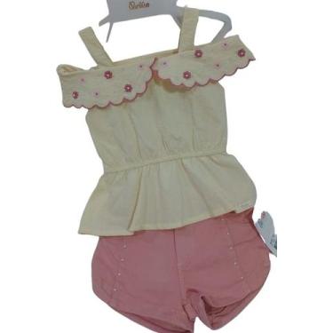 Imagem de Conjunto Menina Blusa + Shorts Sarja Verão Paraiso Rf 14067, Rosa cora