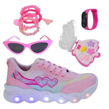 Imagem de Tênis Led Infantil Feminino Casual Jogging Estrela Coração Rosa +Óculo