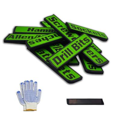 Imagem de Pacote com 12 etiquetas magnéticas para caixa de ferramentas com luvas grátis | Conjunto organizador de ferramentas impresso em 3D atualizado 2026 | Adesivos reutilizáveis de gaveta e etiqueta de