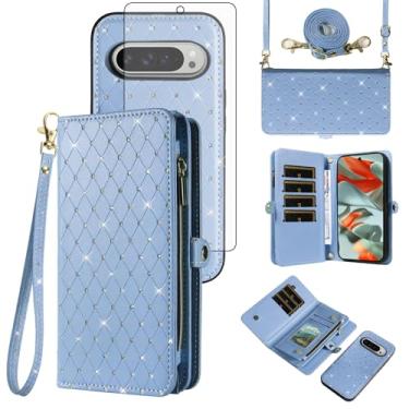 Imagem de Capa de celular para Google Pixel 9 Pro XL com zíper carteira destacável com protetor de tela de vidro temperado, alça transversal com glitter, compartimento para cartão Pixel9 9Pro 9ProXL nove