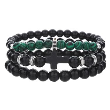 Imagem de Xydedoing Pulseira masculina preta com contas, contas de pedra malaquita de ônix natural de 8 mm, pulseiras religiosas com contas de 3 camadas, pulseira ajustável para uso diário e ocasiões casuais