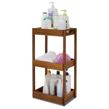 Imagem de BEEFURNI Organizador de chuveiro de madeira de acácia, organizador de chuveiro de 3 camadas, suporte de banheiro de canto resistente, prateleiras de banheiro de madeira independentes, prateleira de pé