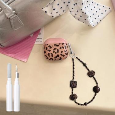 Imagem de inewateri Capa compatível com AirPods 4 com kit de limpeza fofo marrom leopardo estética design à prova de choque moda talão chaveiro capa para meninas mulheres - rosa