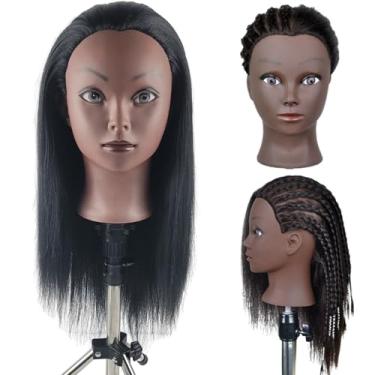Imagem de Cabeça de manequim de cabelo para trançar penteados, textura yaki manequim de cabeça preta com cabelo para crianças (cabeça trançada 56 cm)