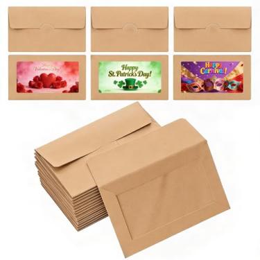 Imagem de Envelopes de vale-presente de 300 peças, mangas de cartão de presente marrom de 4 x 6 cm com janela, mini envelopes para cumprimentos de Ação de Graças, Natal e Ano Novo