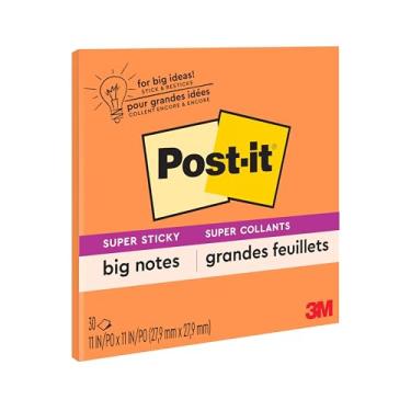 Imagem de Post-it Notas grandes super pegajosas, 28 cm x 28 cm, 1 bloco, 2x The Sticking Power, laranja neon (BN11O)