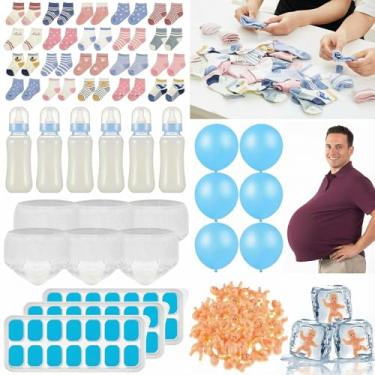 Imagem de Soulchen 100 peças de jogos de chá de bebê incluem balão inflável gravidez, garrafa Chug Fralda, My Water Broke, Sock Hunt Baby Shower Game para adultos Gênero Revelar lembrancinhas de festa