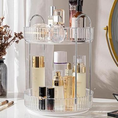 Imagem de Organizador de Maquiagem Giratório 360° com 2 Andares – Porta Perfumes e Cosméticos para Penteadeira e Banheiro | Rotação Suave, Alta Capacidade e Design Elegante