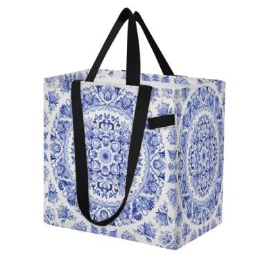 Imagem de SEHANY Sacolas de compras reutilizáveis de porcelana azul e branca com alças reforçadas, bolsa de compras de lona dobrável à prova d'água de grande capacidade para viagem, cozinha, praia