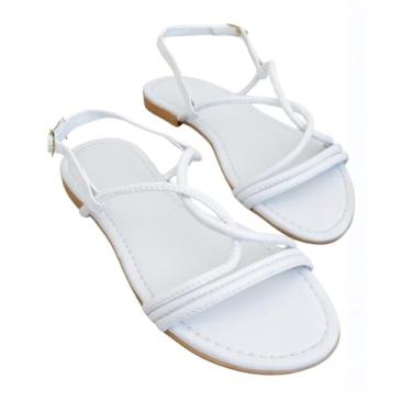 Imagem de Sandália Rasteira Feminina com Tiras Cruzadas, Salto Baixo, Fivela Ajustável, Branca (Branco, BR, Adulto, Numérico, 38)