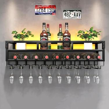 Imagem de Rack de vinho montado na parede, prateleiras flutuantes de unidade de bar com luz LED, prateleira de taça de vinho pendurada, rack de exibição moderno para armazenamento de vinho, organizador de
