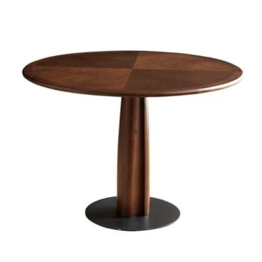 Imagem de Mesa de jantar pequena cor nogueira mesa redonda de madeira maciça mesa de jantar casual mesa de centro com base de metal mesa de cozinha moderna