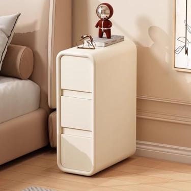 Imagem de Mesa de cabeceira estreita de 25 cm com 3 gavetas - mesa lateral de cama para acabamento de couro - mesa de cabeceira de madeira maciça para quarto, armário de fenda, bege