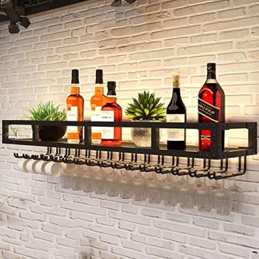 Imagem de Suporte de copo de vinho montado na parede - expositor de rack de vinho pendurado - Prateleiras de parede de ferro forjado, armazenamento vintage/suporte de taça de vinho, suporte para garrafa de