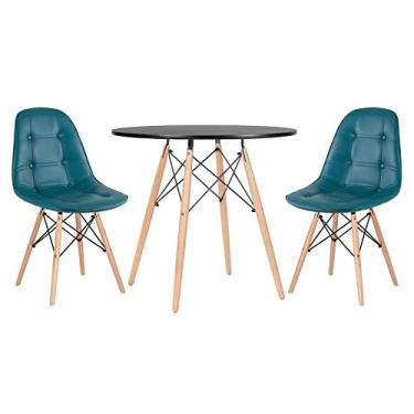 Imagem de Loft7, Kit Mesa Eames Eiffel 80 cm preto + 2 cadeiras estofadas Botonê turquesa