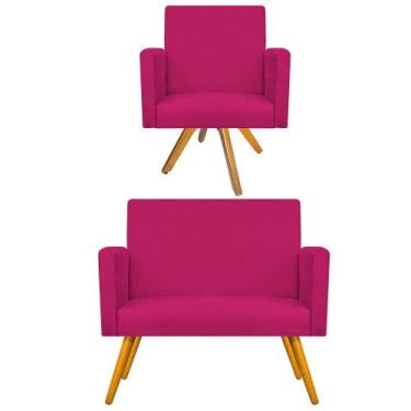 Imagem de Kit Namoradeira e Poltrona Beatriz Base Giratória de Madeira Suede Pin