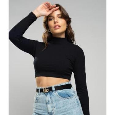 Imagem de Cropped Salvatore Fashion Gola Alta Manga Longa Comfy Malha Canelada Feminina-Feminino