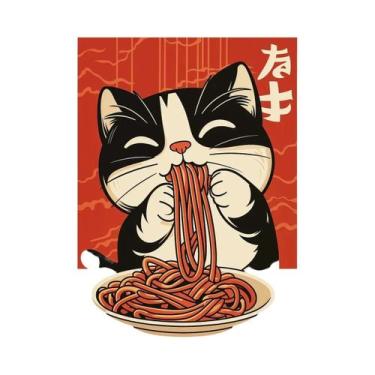 Imagem de Pôster De Lona Com Gato Japonês Comendo Macarrão, Arte Moderna Para Co