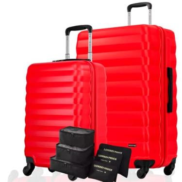 Imagem de Cj de Malas Bordo 10kg + Média 23kg, Cadeado Fixo 3 Dígitos, ABS Capacete de Piloto, Rodinhas 360°, Padrão ANAC + Kit Organizador Necessaire 6 Peças p Meias e Calcinhas (Neon Vermelho, Kit PM)