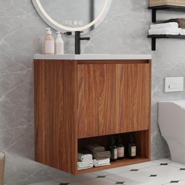 Imagem de Elehome Armário de banheiro de 61 cm para montagem na parede sem pia, núcleo de madeira maciça com acabamento marrom nogueira, base flutuante para banheiro com portas duplas de fechamento suave e