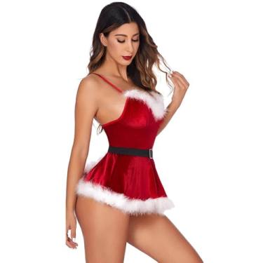 Imagem de Fantasia de Papai Noel sexy para mulheres | Vestido de lingerie vestido de Natal fantasia de Sra. Noel, roupa de dormir feminina de Natal com gola V