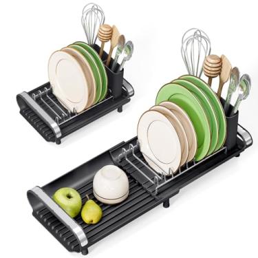 Imagem de Escorredor de pratos pequeno, mini escorredor de pratos compacto expansível, escorredor de pratos de aço inoxidável fino e extensível para armazenamento de pratos de cozinha, coador de pratos com
