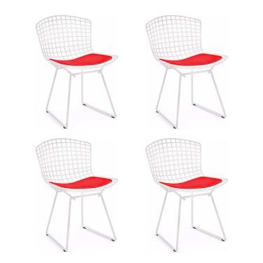Imagem de Kit 4 Cadeiras Bertoia Branca Com Assento Vermelho
