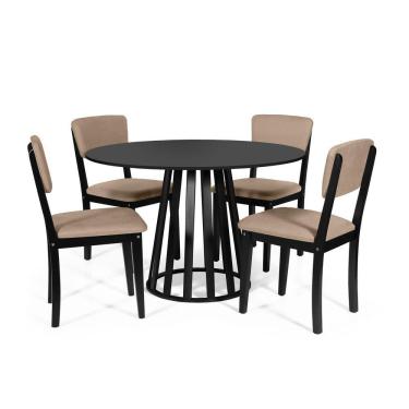 Imagem de Mesa De Jantar Redonda Gabi Preta Com 4 Cadeiras Estofadas Ella Preto/marrom Claro
