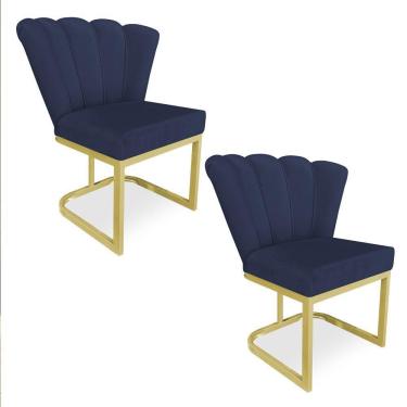 Imagem de Kit 02 Poltronas Flor Veludo Base Metálica Industrial Dourado - Pallazio Cor Azul Marinho