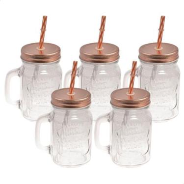 Imagem de Kit 5 Copos Canecas Vidro Grosso Retrô Vintage Com Tampa e Canudo 500m