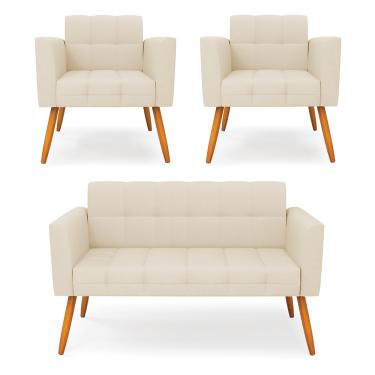 Imagem de Kit 1 Sofá Namoradeira e 2 Poltronas Elisa Linho Bege A19 Pés Palito Castanho D03 - D'Rossi