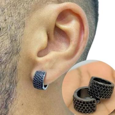 Imagem de Brinco Masculino De Argola Cravejada Zircônia Branca Banhado Ônix - Tr