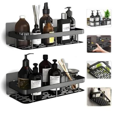 Imagem de Kit 2 Prateleiras Para Banheiro Porta Shampoo Sabonete Nicho Organizador Lavanderia Box Com Adesivo Sem Furar Parede Premium (Preto)