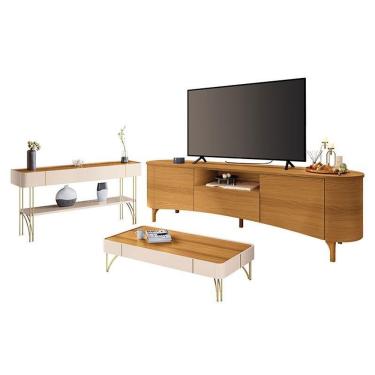 Imagem de Rack Bancada Elara Cinamomo Com Mesa De Centro Cadenza E Aparador Vivant Off White Cinamomo - Hb Móveis