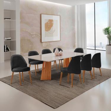 Imagem de Mesa Florida Tampo Laqueado Com Vidro E 8 Cadeiras Suiça Linho Preto/laq Off/cinam. Imbuia