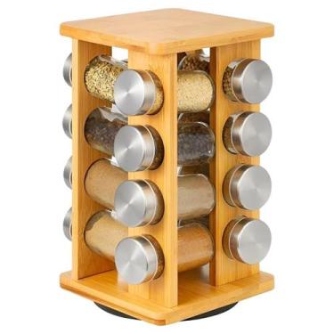 Imagem de Porta Temperos Condimentos Giratório 16 Potes Vidro Suporte Bambu 360 