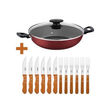 Imagem de Kit Jogo de Churrasco Dynamic com Talheres Inox 12 Peças e Panela Wok Loreto 3,3L 28cm Vermelho Tramontina