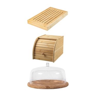 Imagem de Kit para Servir com Migalheira Porta Pão e Boleira em Bambu com Sistema de Armazenamento para Mesa Ou