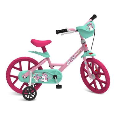 Imagem de Bicicleta Infantil Unicórnio Aro 14 Freio a Tambor Rodinhas Laterais Cestinha Rosa Bandeirante