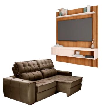 Imagem de Kit Sofá América 3 Lugares Retrátil e Reclinável com Painel Esmeralda Marrom Freijo Off White Estofados Matielo