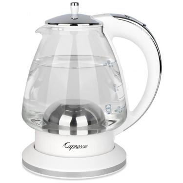 Imagem de Chaleira elétrica de vidro Capresso branca e cromada 1,42L com indicador luminoso e desligamento automático H2O Glass 240.02, 110V