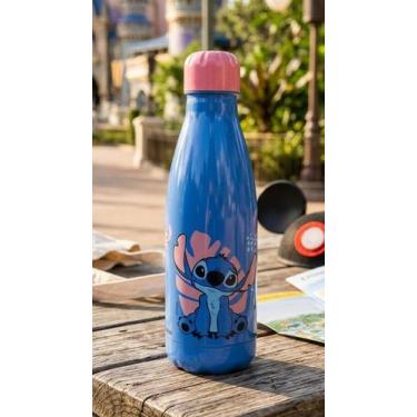 Imagem de Garrafa de Água Squeeze Stitch Fofo Rosca Paris 600ml Azul Tampa Rosa 