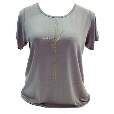 Imagem de blusa plus size feminina com aplicação em pedraria fé Cor:Bege;Tamanho:46