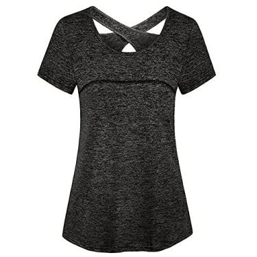 Imagem de Camiseta feminina manga curta para ioga, secagem rápida, corrida, treino, camiseta esportiva, top, ioga, roupas esportivas(XL)(Preto)