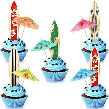 Imagem de 96 peças de decorações de bolo de prancha de surf guarda-chuva palhetas de coquetel, topo de cupcake de prancha de surf cores tropicais palitos de dente de festa guarda-chuva palitos de bebida para verão praia aniversário chá de bebê suprimentos de festa