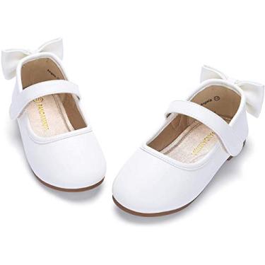Imagem de PANDANINJIA Vestido Angela Mary Jane para bebês/crianças pequenas bailarinas com laço florista festa de casamento bailarina sapatos rasos, Branco PU 01, 11 Little Kid
