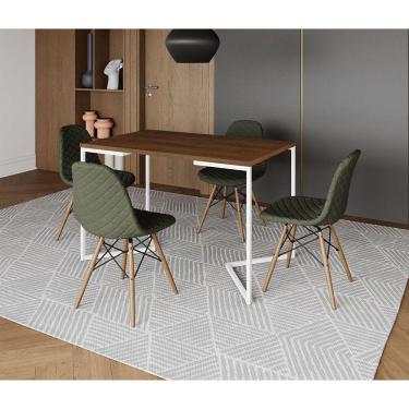Imagem de Mesa Jantar Industrial com 4 Cadeiras Estofadas Verde Madeira Tampo Amêndoa 120x75 Base V Aço Branco