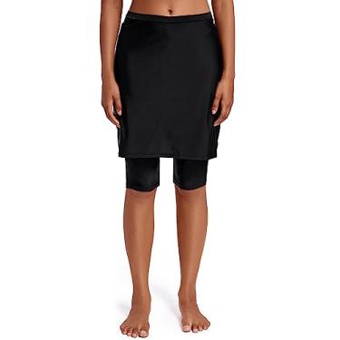 Imagem de Micosuza – Calça legging feminina para natação com proteção solar FPS 50+ para natação com saia anexada, Capri, Preto, X-Large